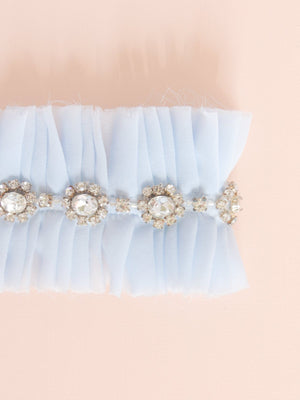 Alexandra silk chiffon adjustable wedding garter in powder blue with hand stitched rhinestone banding, mamie + james, something blue