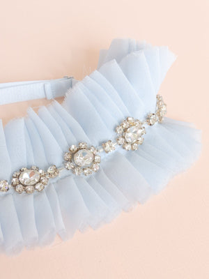Alexandra silk chiffon adjustable wedding garter in powder blue with hand stitched rhinestone banding, mamie + james, something blue