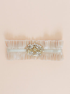 Mamie and James Charlotte silk charmeuse adjustable wedding garter with nude stretch banding and antique rose silk charmeuse with rhinestone appliqué in a gold tone setting