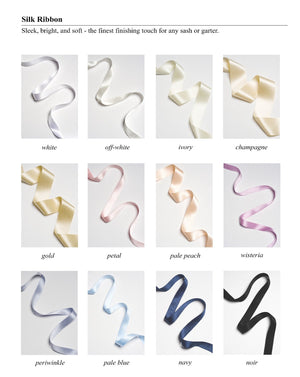 Mamie and James silk ribbon options for Amelie Adjustable garter, white, off white, ivory, champagne, gold, petal, pale peach, wisteria, periwinkle, pale blue, navy, noir